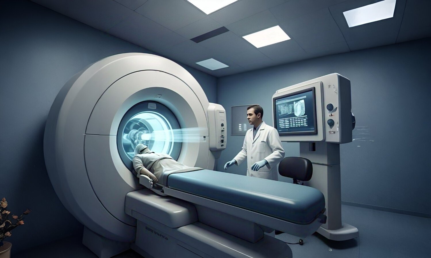 A high-tech CT scanner demonstrating CT scan technology with a patient undergoing a scan and a radiologist reviewing 3D images.